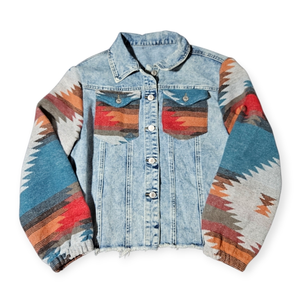 Vintage Southwestern Aztec Denim Jacket Shacket Women's Small Boho Western